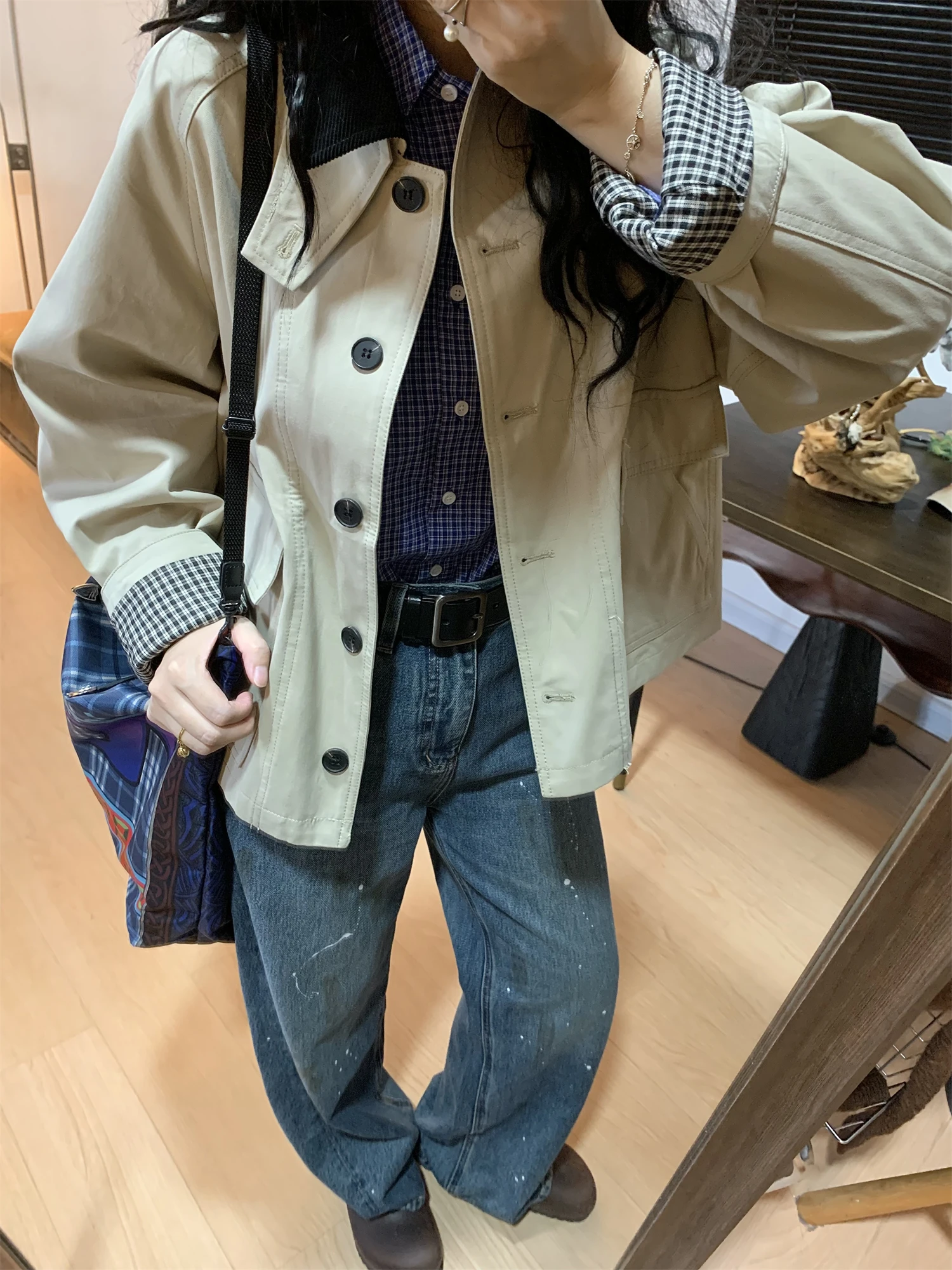 

QinEition Barn Wind Color Blo ort Loose Women's Coat Autumn Khaki Hunting Sle Jaet Commute Friendly Cotton Blend