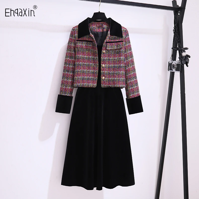 EHQAXIN 2023 Elegant Women's Dress Set Fashion Sling Little Black Dress+Loose Vintage Plaid Cardigan Coats Set For Female S-2XL