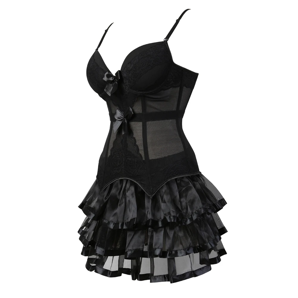 Burlesque Corset Dresses for Women Plus Size Sexy Corset Lingerie Top With Cup Black Sexy Lace Corset Dress With Straps