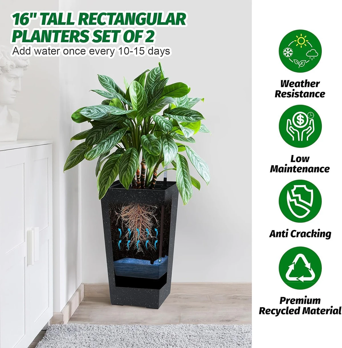 مجموعة مزارعي مستطيلة مكونة من 2، أوعية نباتات كبيرة مع فتحات تصريف ومراقبة مستوى المياه لغرف الشرفة الداخلية الخارجية #4