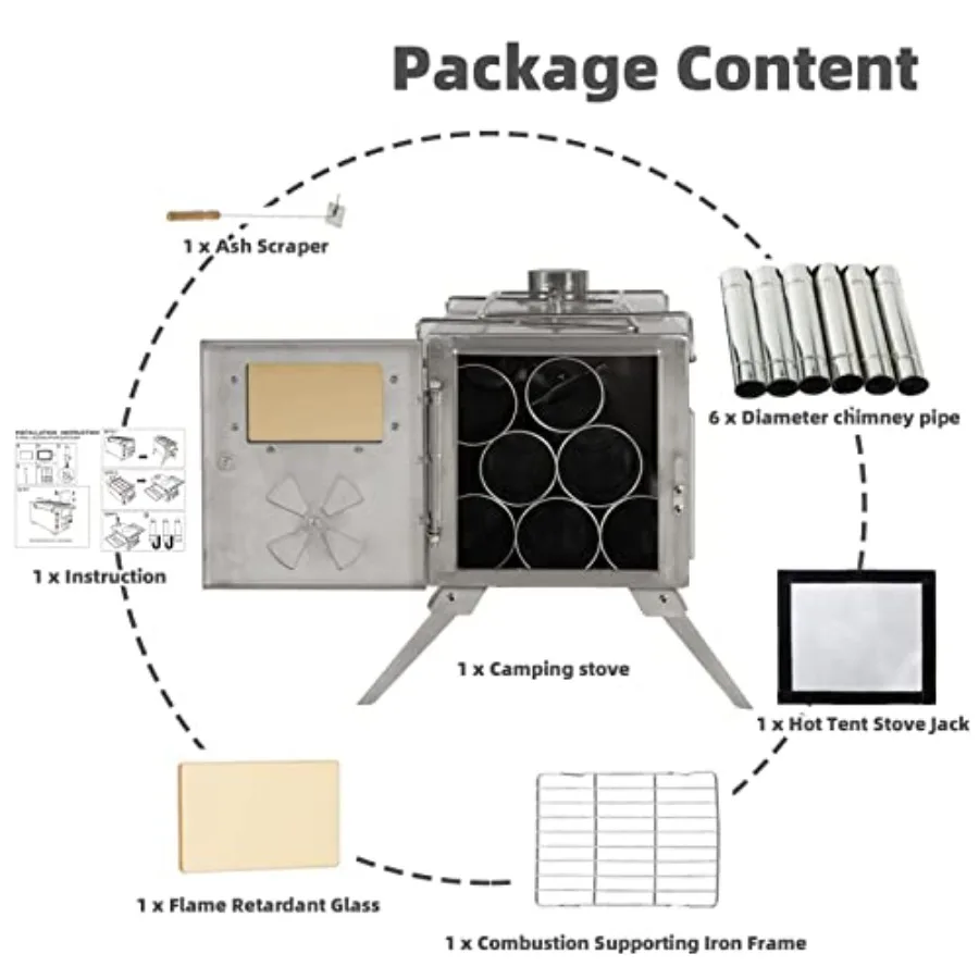เตาเต็นท์แบบพกพาขนาดเล็กน้ำหนักเบาพร้อมโครงสร้างสแตนเลสและท่อปล่องไฟสำหรับทำอาหารและให้ความร้อนกลางแจ้ง