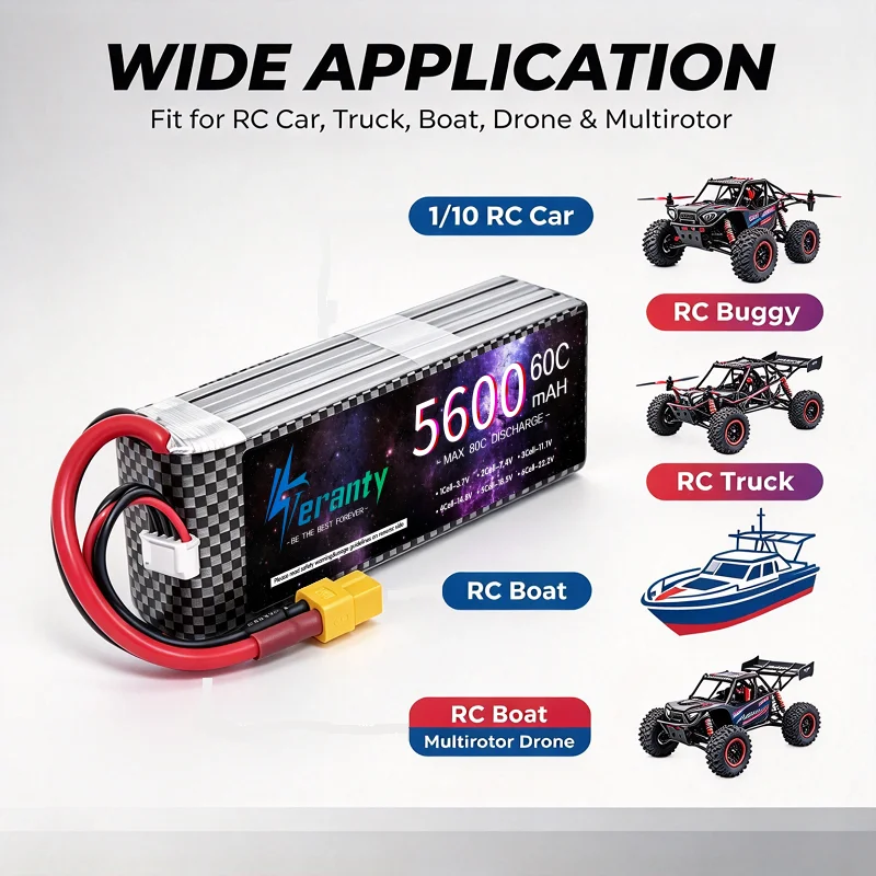 High Performance 4S 14.8V 5600mAh 60C Lipo Pack RC Battery for 1/10 RC Car Truck Boat Drone Multirotor
