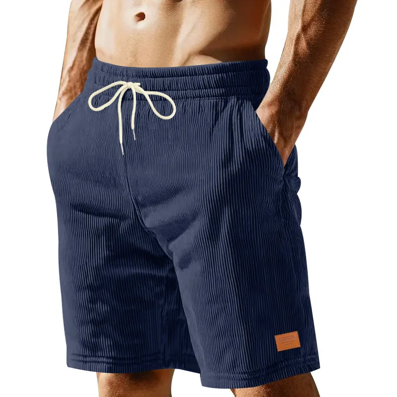 Verão masculino cor sólida rendas até calças esportivas veludo simples shorts de cinco pontos masculino casual respirável listra vertical shorts