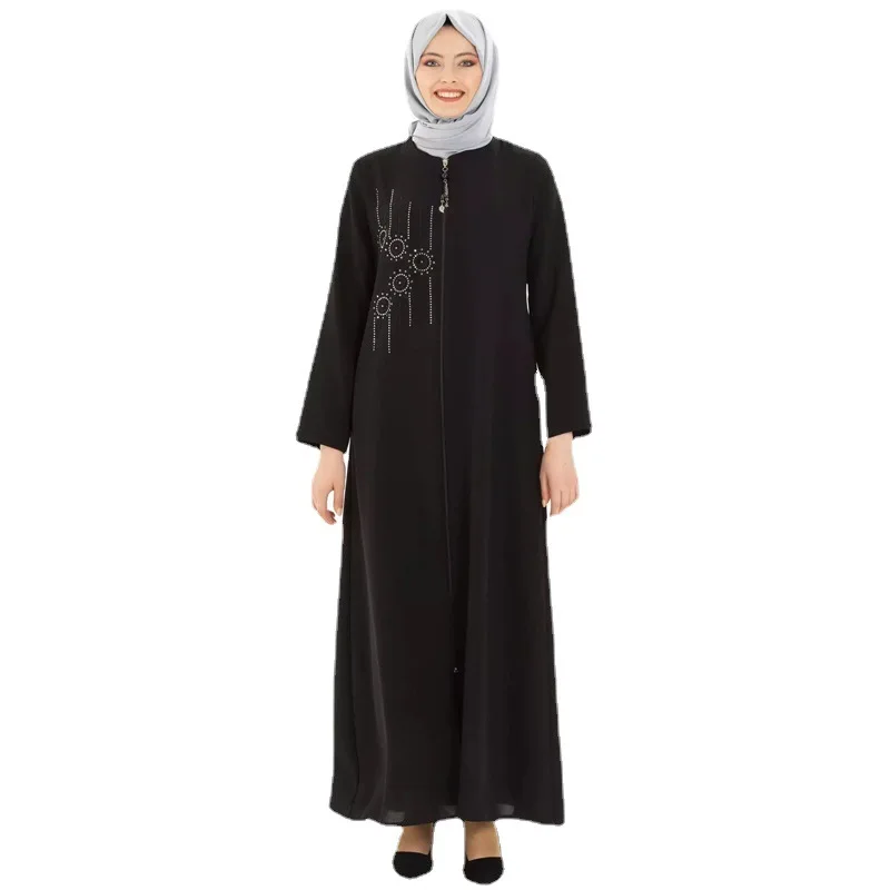 

Middle East Dubai Muslim Women Dress Middle East Diamond Zippered Cardigans Slim Fitting Robes Casual Moroccan Kaftan