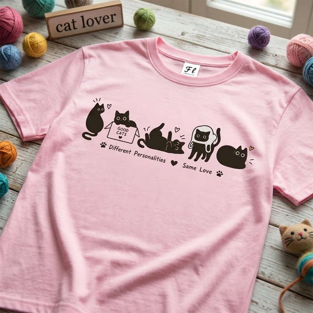 Women T Shirt Cat Different Personalities Same Love Graphic Print Short Sleeve Cotton Summer Casual Loose Tee Tops