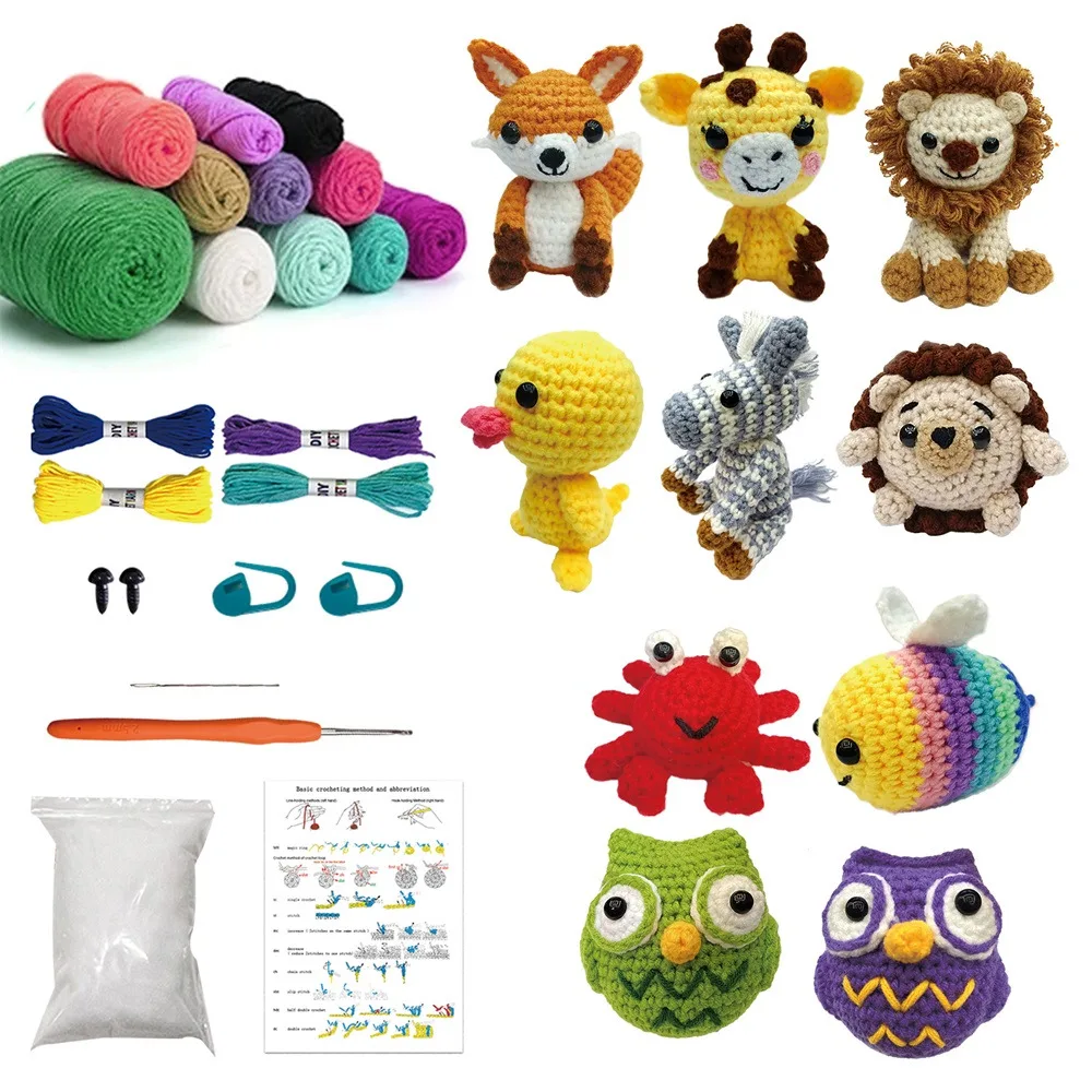 Hand Crochet Diy Animal Kit for Beginners Knitting Yarn Thread Needles Hooks Knit Tool Plush Doll Tool Material Bag Complete Set