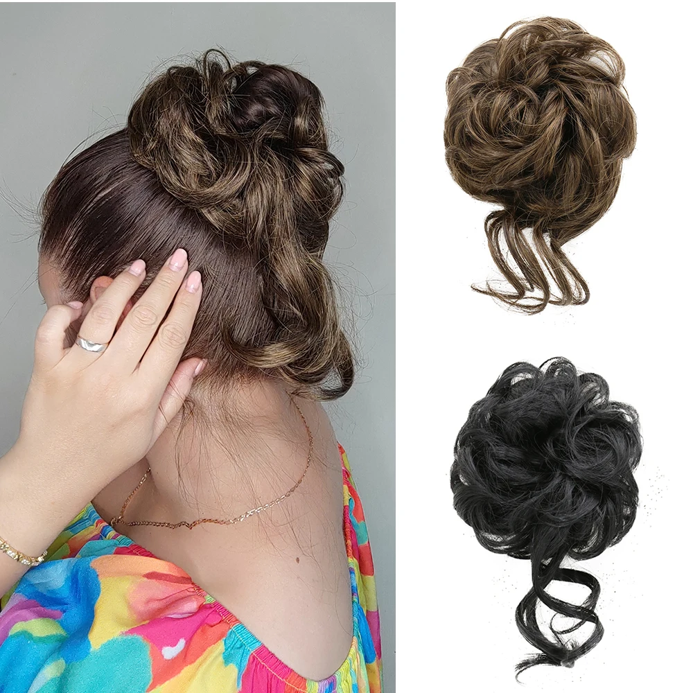 Synthetic Messy Bun Hair Piece Wavy Curly Scrunchies Synthetic Chignon Ponytail Hair Extensions for Women