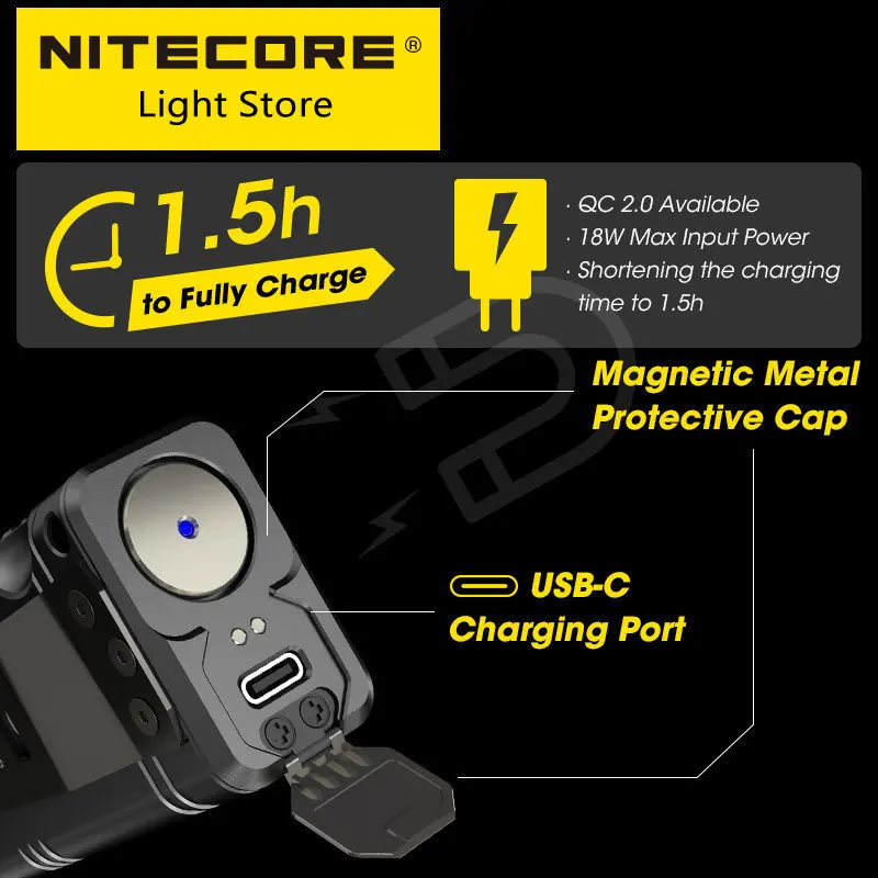 Original Nitecore TM12K Tactical Flashlight 12000Lms Powerful Rechargeable Super Bright 18W QC Searchlight 21700 Li-ion Battery