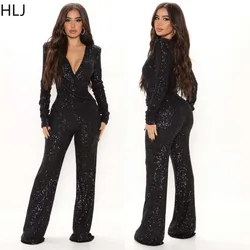 HLJ Fashion Sequin Deep V Long Sleeve Jumpsuits Elegant Lady Slim Pencil Pants One Piece Playsuits Female Party Club Overalls