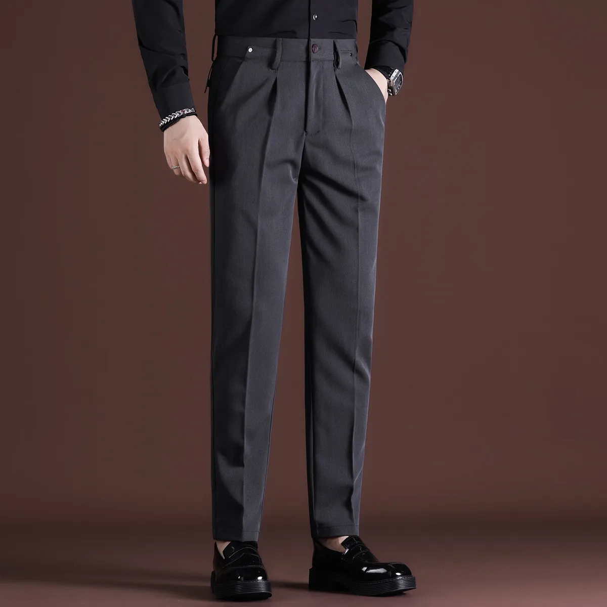 กางเกงกันรอยพับฤดูใบไม้ร่วง-ฤดูหนาว |   Tailored Slim Leg เอวยืดได้ กางเกงทรงสลิมผู้ชาย 9 จุด ใหม่สําหรับฤดูใบไม้ร่วงและฤดูหนาว