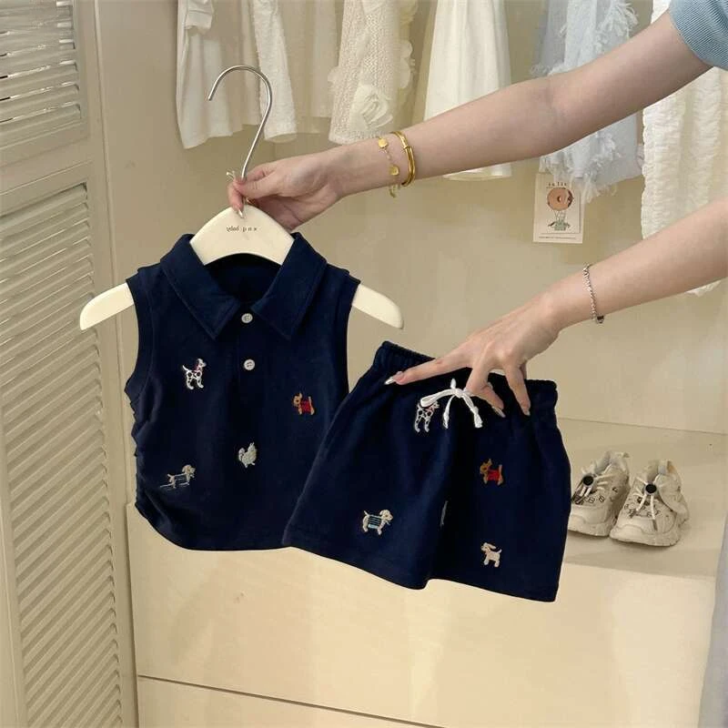 

2025 Children's Summer Suit Puppy Embroidery New Girl College Style Polo Collar Vest Top Skirt Two-piece Set
