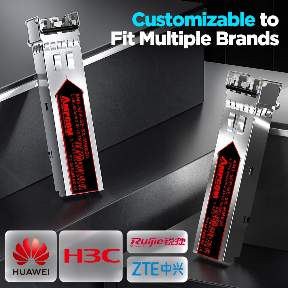 Módulo transceptor AMPCOM 1.25G LC SFP multimodo, módulo óptico duplex 1000BASE-SX SFP 850nm 550m DOM MMF para Cisco etc.