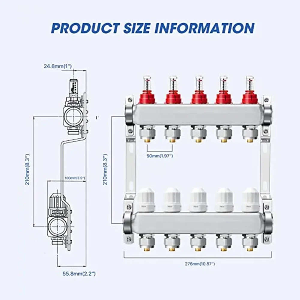 Colector de calefacción de acero inoxidable 304, colector Pex de 2 a 16 vías para calefacción por suelo radiante