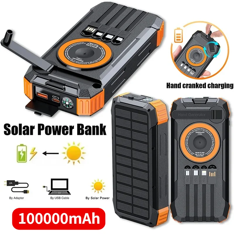 100000mAh Large Capacity Solar Power Bank Wireless Fast Charger Built-in Cable LED Flashlight Portable Outdoor Emergency Charger