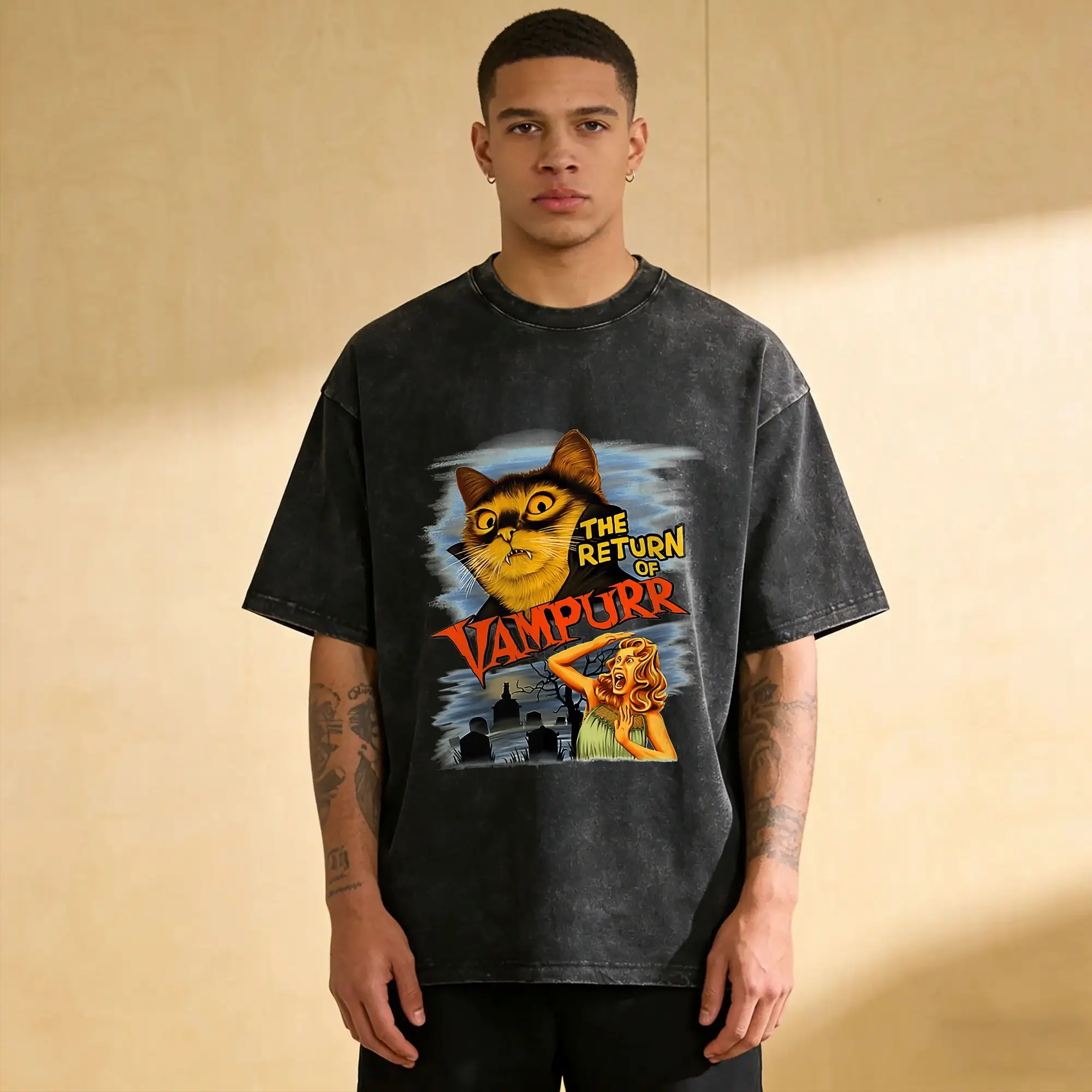 The Return of Vampurr Men T Shirts Washed  Novelty Tees Short Sleeve Crewneck T-Shirts Pure Cotton Printed Clothes