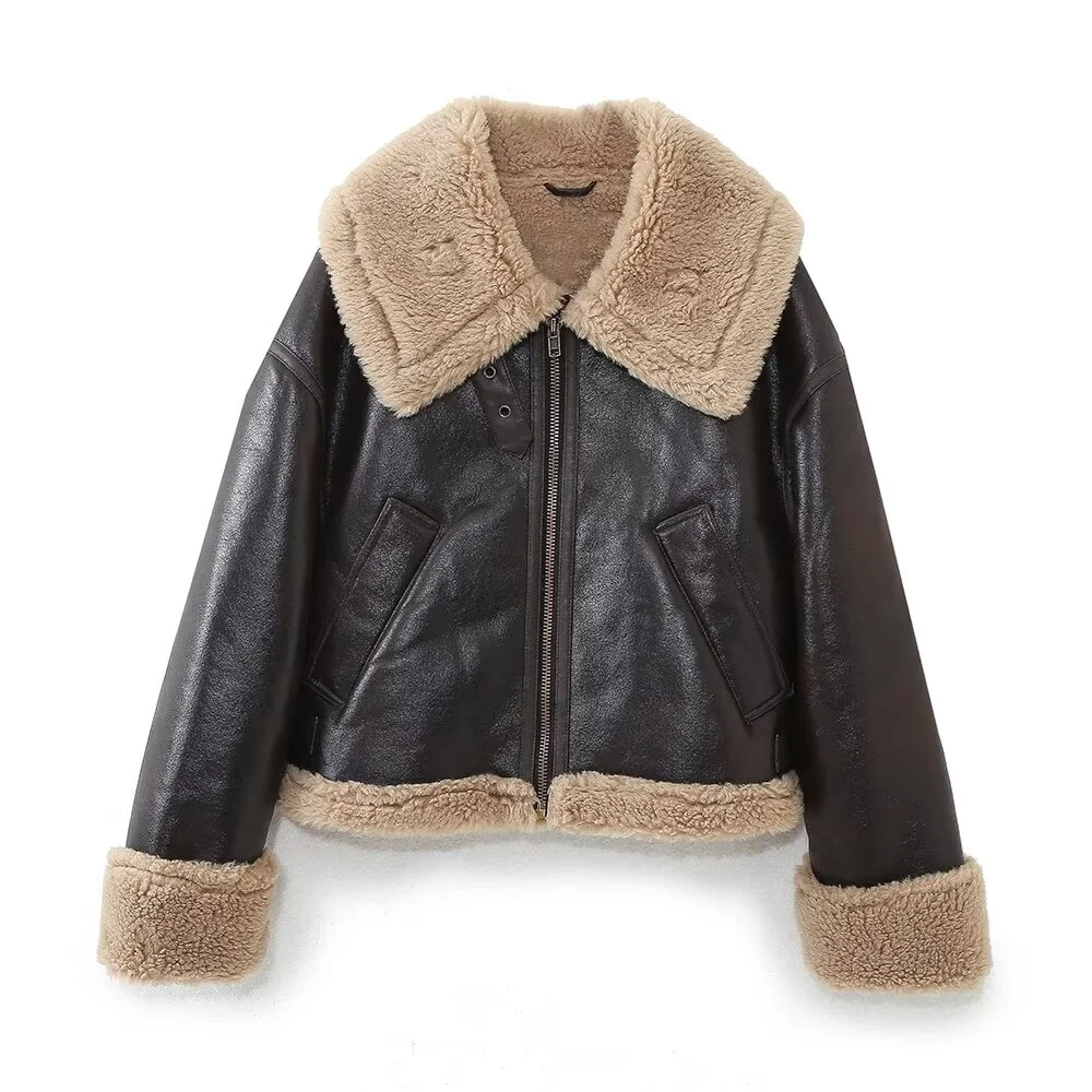 TRAF autumn new women's fashionable casual versatile lapel double-sided motorcycle jacket jacket