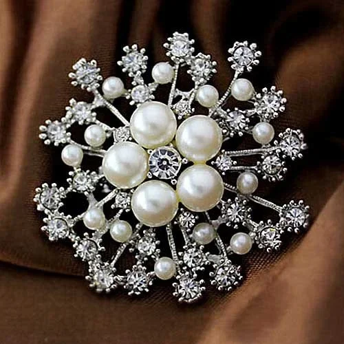 Wuli&baby Grey Pearl Snowflake Brooches For Women Unisex Big Party Casual Brooch Pins Gifts