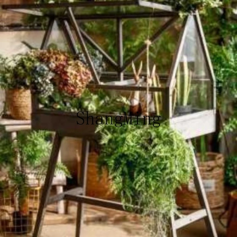 FG Solid wood floor-to-ceiling glass greenhouse Succulent plants Sunshine greenhouse Indoor balcony Garden retro flower stand