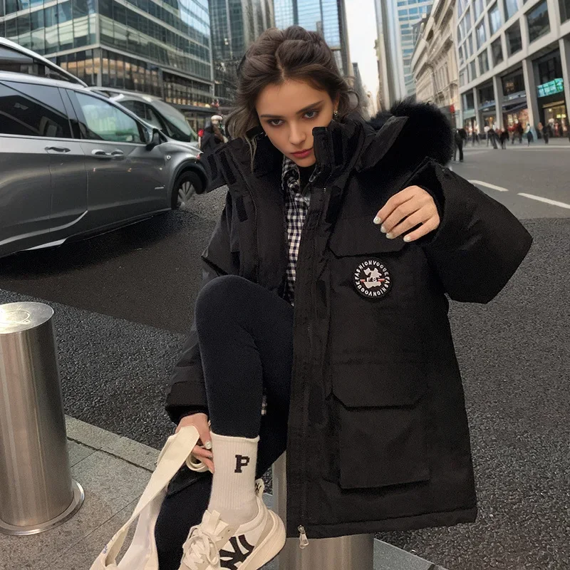 Schicke Pelz kragen Kapuze Puffer Jacke Winter Frauen Parkas Taschen warme lose Reiß verschluss Baumwolle gepolsterte Jacke Design Kleidung Mäntel