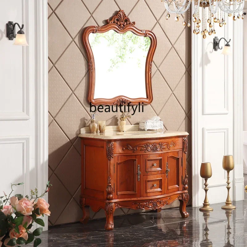 

Yntique European oak bathroom cabinet combination floor-to-ceiling wash basin cabinet mirror cabinet washstand