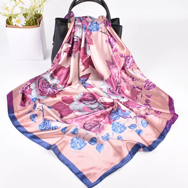 2023 New Fashion Versatile Crystal Rose Pattern Printing High Quality 90 * 90 Colored Ding Large Square Scarf Spot Wholesale