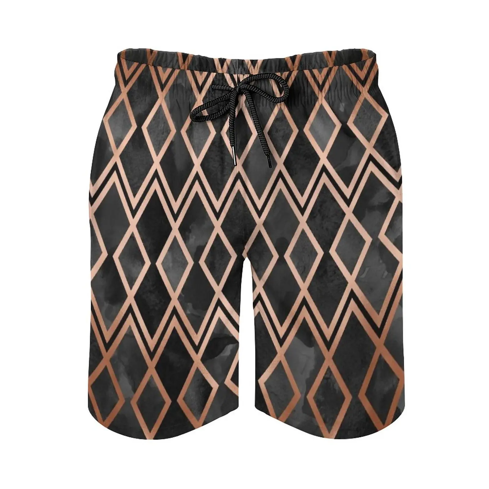 

Copper & Black Geo Diamonds Surfing Beach Shorts Men'S Boardshorts Patchwork Surf Swim Short Pants Abstract Pattern Graphic