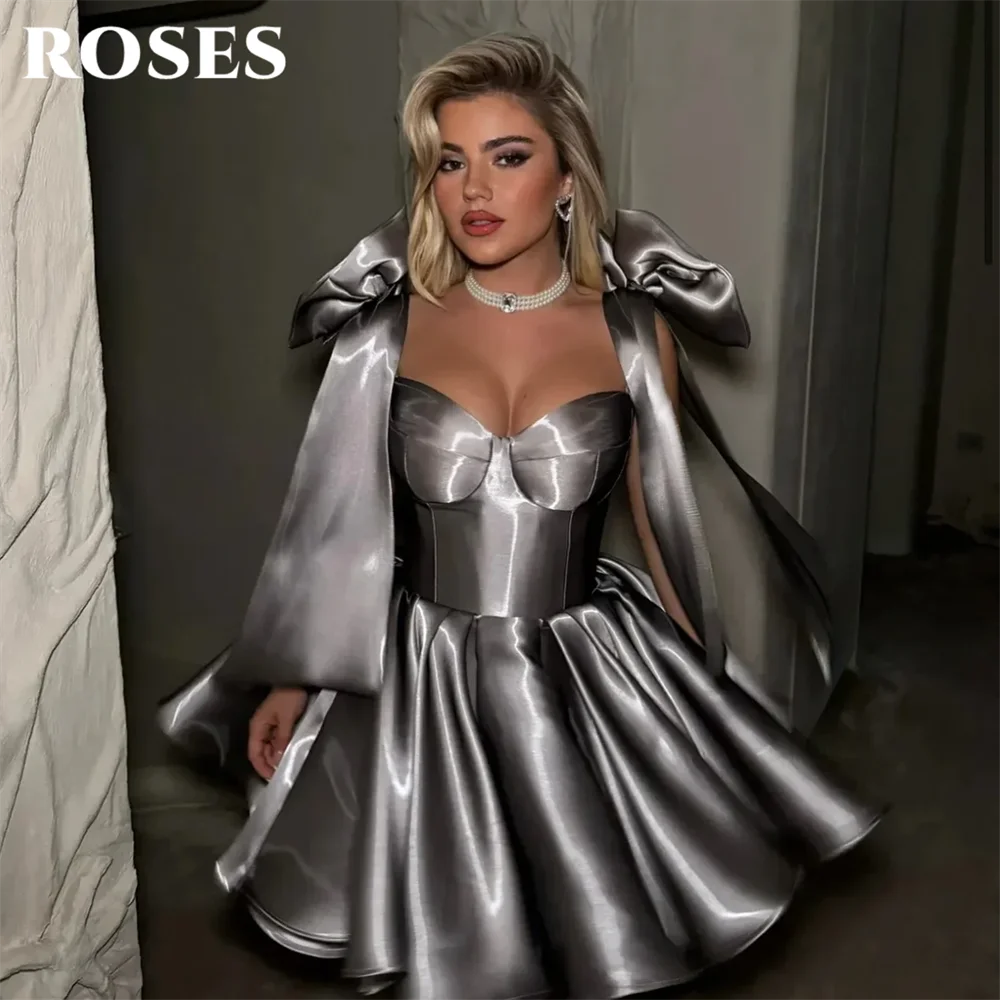 

ROSES Sliver Party Dress Spaghetti Strap Evening Dress with Statement Bow فساتين السهرة Mini Gala Dress Customized