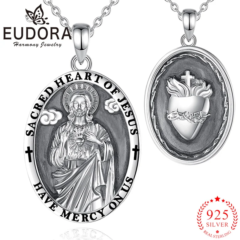 Eudora 925 Sterling Silver Jesus Necklace Sacred Heart Cross Christian Amulet Pendant Vintage Jewelry Personality Gift For Men