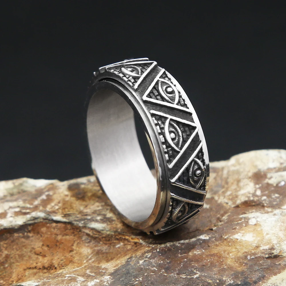 New Stainless Steel All Seeing Eye Rings For Men Women Fashion Triangular Pyramid Ancient Egyptian Ring Amulet Jewelry Rotatable