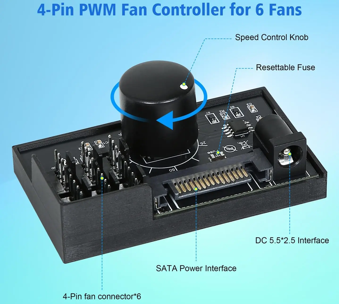 PWM Fan Speed Controller SATA DC Power On 4Pin Fan Governor NAS Server Fan Speed Regulator 6-Way PWM Fan HUB Control