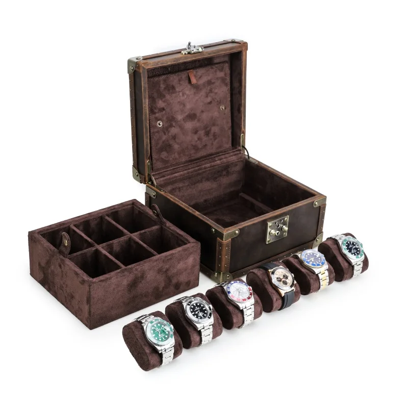 Classic Retro Rivet Watch Storage Case Box 6 Slots Watches Organizador Genuine Leather Watch Collection Case Customizable Logo