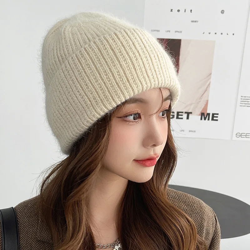 Versatile Casual Solid Colour Padded Rabbit Hair Hat Female Rolled Edge Shiny Ear Protection Knitted Hat Ski Riding Warm Winter