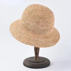 Sombrero de paja de ganchillo hecho a mano para mujer, sombrero de pescador flexible, diseño de rafia Natural, playa, primavera y verano