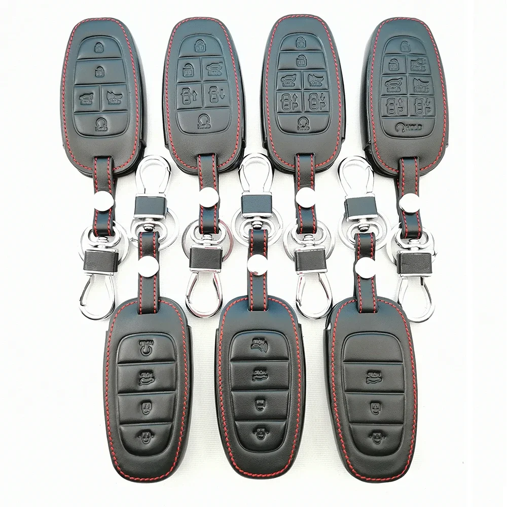 100% Leather Key Fob Case Cover for Hyundai Sonata Nexo DN8 Santa Fe TM Tucson NX4 Staria Loniq 2020-2021 3 4 5 6 7 8 Buttons