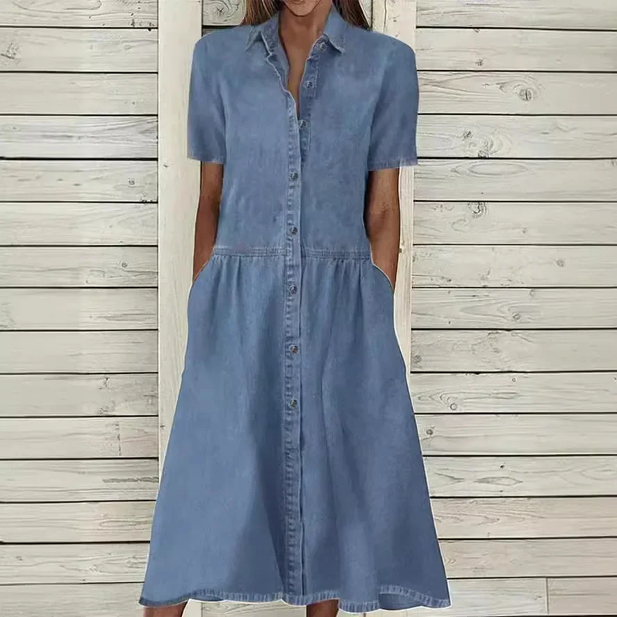 Casual Jeans Shirt Dress Spring Summer Denim Dress for Women Loose Short Sleeve Cardigan Ladies Womens Denim Shirt Long Dresses