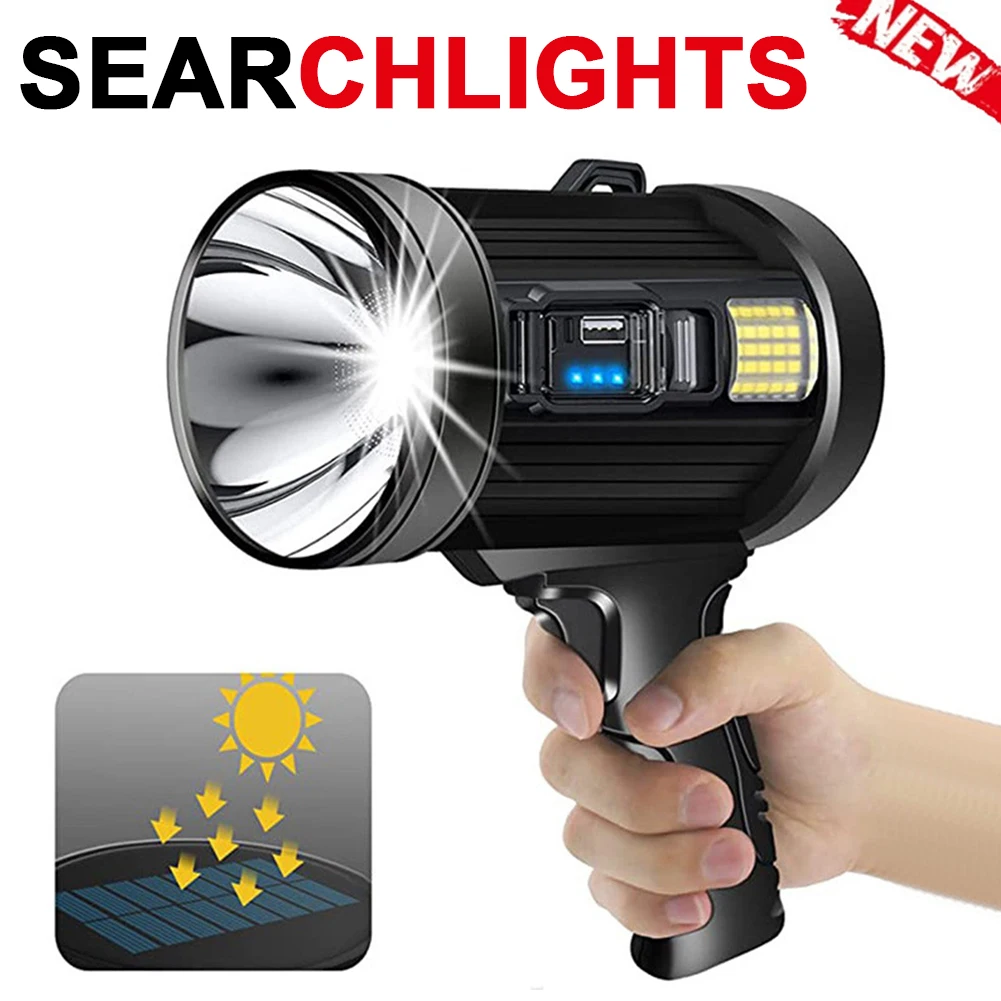 

Rechargeable Spotlight LED Handheld Hunting Flashlight Super Bright Spotlight with Solar Panel Searchlight Waterproof Spot Light