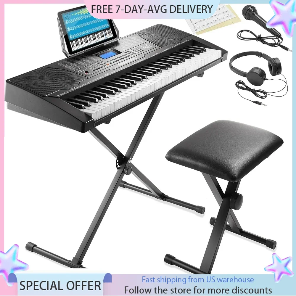 61-Key Digital Electronic Keyboard Piano with Full-Size Keys for Beginners, Includes Stand, Bench, Headphones, Keynote Stickers