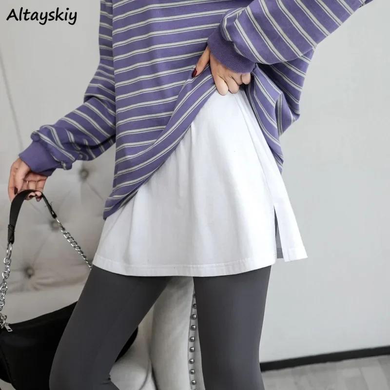 

Solid Skirts Women Slight Strech Suitable for Layering Loose Side-slit High Elastic Waist All-match Fahsion Simple A-line Slim