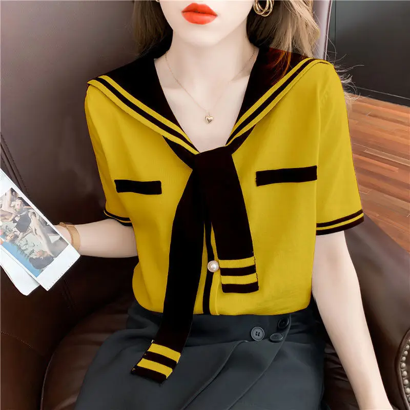 Fashion V-Neck Spliced Tie Button Loose Blouse Oversized Lace Up Commute Pullovers 2022 Summer New Casual Female Clothing Shirt