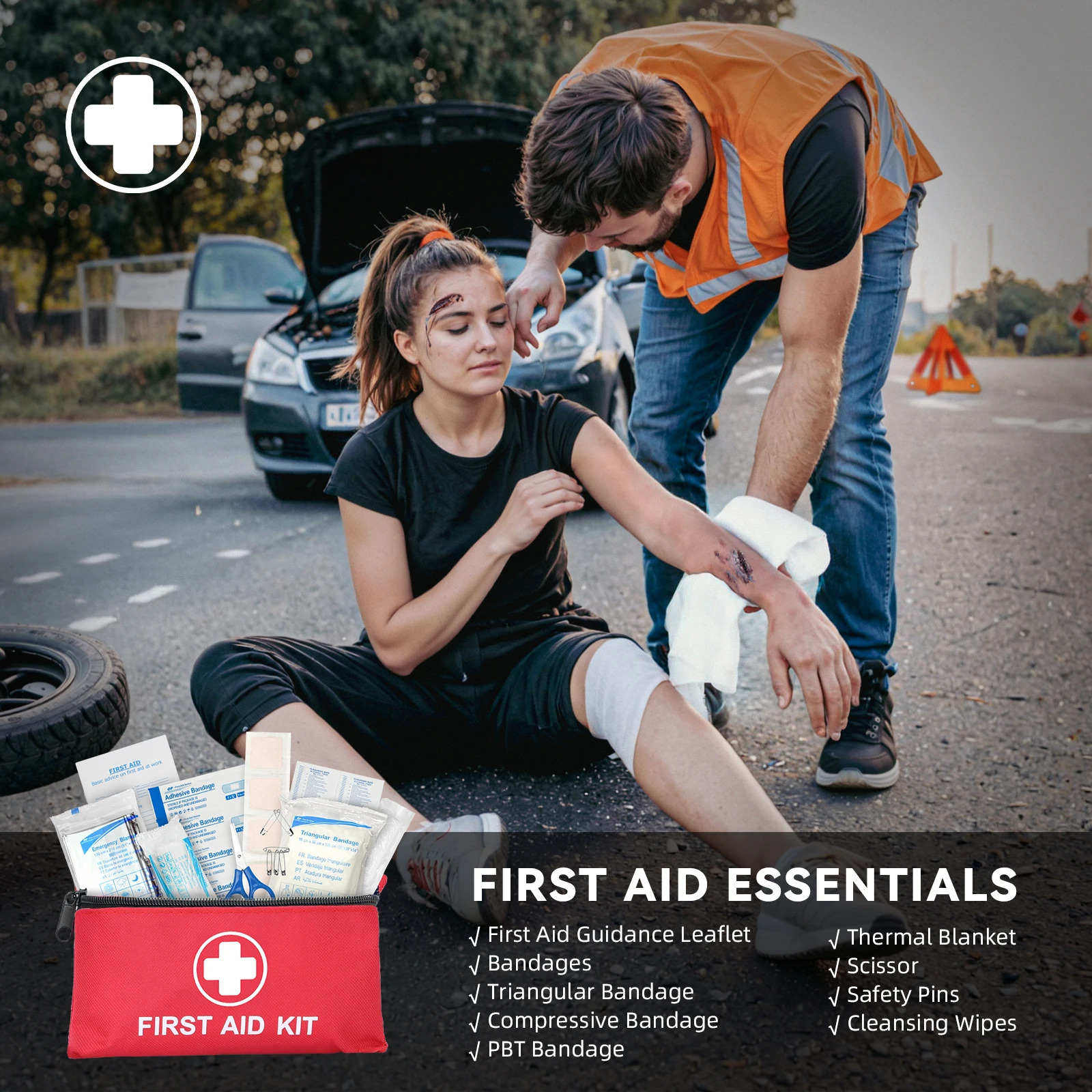 حقيبة أدوات السلامة في حالات الطوارئ مع ضاغط هواء محمول، كابلات توصيل معزز، مجموعة أدوات الإسعافات الأولية، مقياس ضغط الإطارات، سلامة السيارة #5