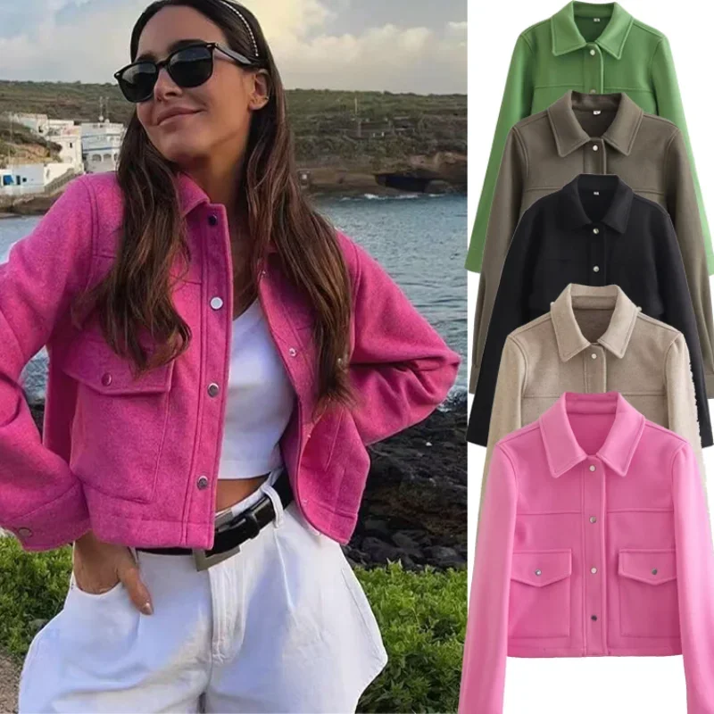 เสื้อแจ็คเก็ตแฟชั่นสตรี สไตล์สตรีท ฤดูใบไม้ร่วง-ฤดูหนาว ปี 2025 สีพื้น ลำลอง มีกระเป๋า ติดกระดุม ปกพับลง ดีไซน์หรูหรา