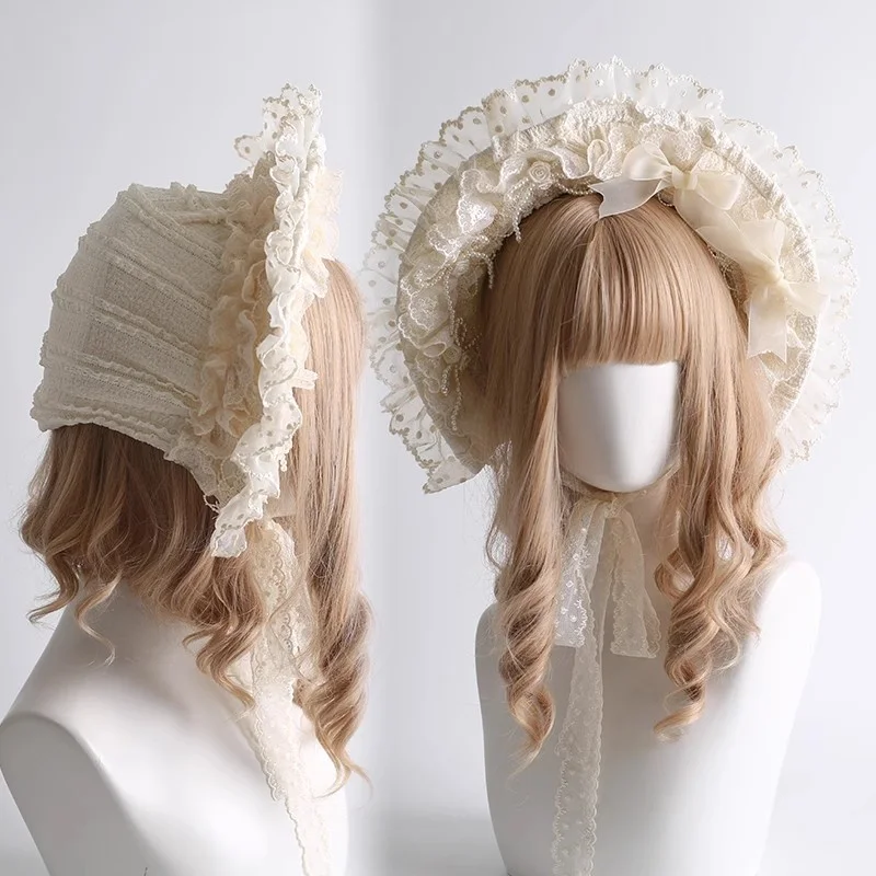 Nuevo Original Retro hecho a mano pastel gótico gorro sombrero mujer moda Beige Lolita cinta de encaje Cosplay precioso sombrero plano