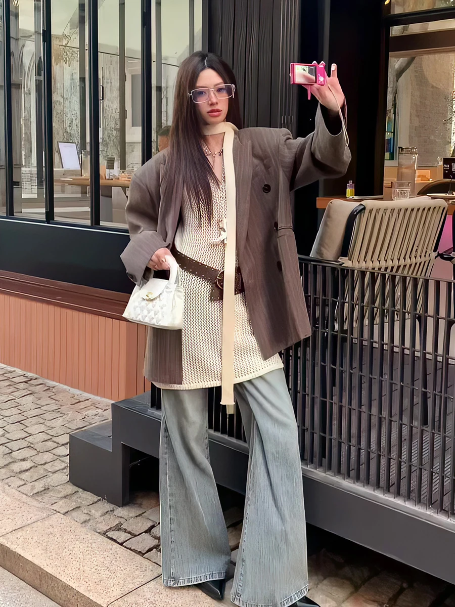 

Cafe Brown Striped Suit Jacket Women's Korean Style 2026 Spring New High-End Commuter Fashion Long Sleeve Button up Blouse