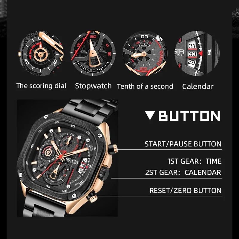 MEGIR Square Dial Chronograph Quartz Watches for Men Fashion Sports Male Wristwatch Stainless Steel Strap with Luminous Hands