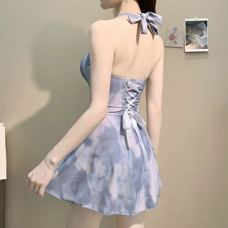 Traje de baño de una pieza de verano para mujer, conjunto de traje de baño de Color degradado dulce, banda para el cuello Sexy, diseño sin espalda, ropa de vacaciones en la playa 2025