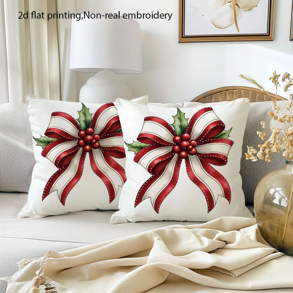 2pcs Vintage Red White Striped Bow Christmas Throw Pillow Covers 18x18 Inch (45x45cm) Burgundy Cushion Cover