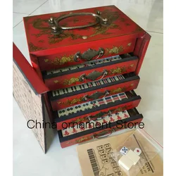 Portable Retro Mahjong 144 Tiles Game Mah-Jong set In wood 5 drawer draw Box