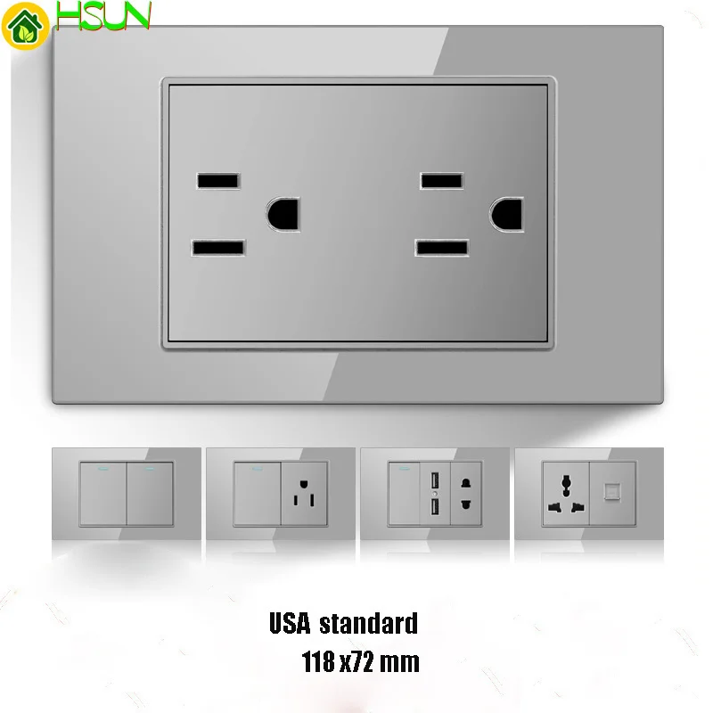 

Mexico American Brazil Thailand Italy standard USB gray tempered glass switch socket 118 wall socket panel dimming16A