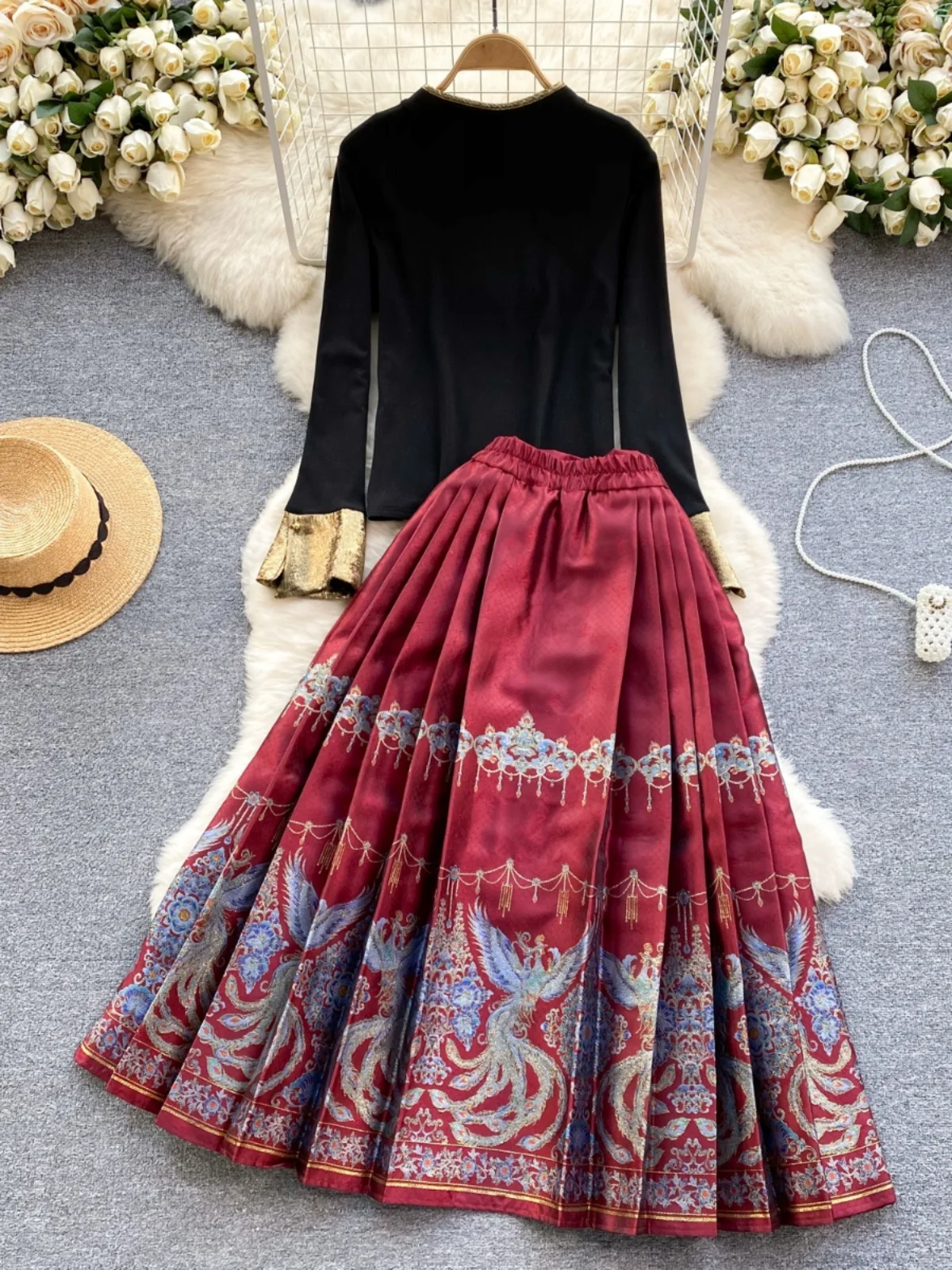 Conjunto de saia midi de cintura alta f novo estilo chinês manga sino superior versátil conjunto de duas peças moda pr...