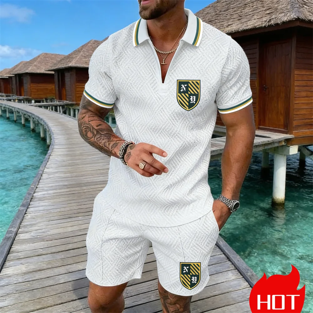 

Summer 3D retro pattern casual men's polo shirt set resort hotel 2 piece set Fashion Zipper Polo Set man y2k clothing Jersey set
